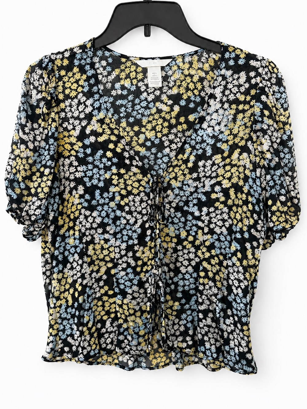 H&M Black Floral Tie-Front Blouse with Yellow & White Daisies